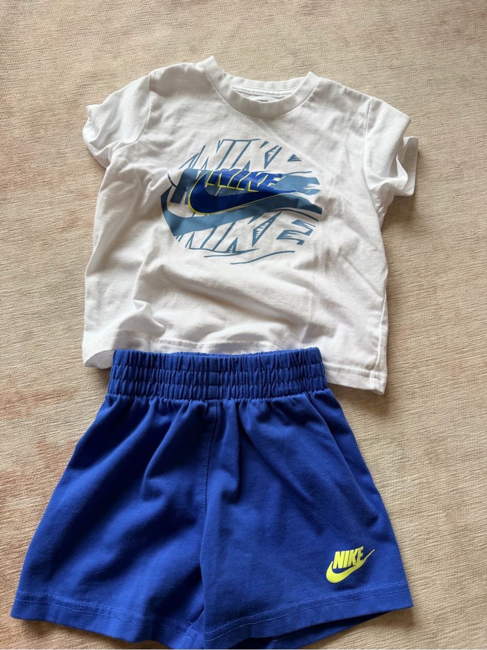 Nike White Tee with Blue and Neon Yellow Logo + Blue Shorts 2T